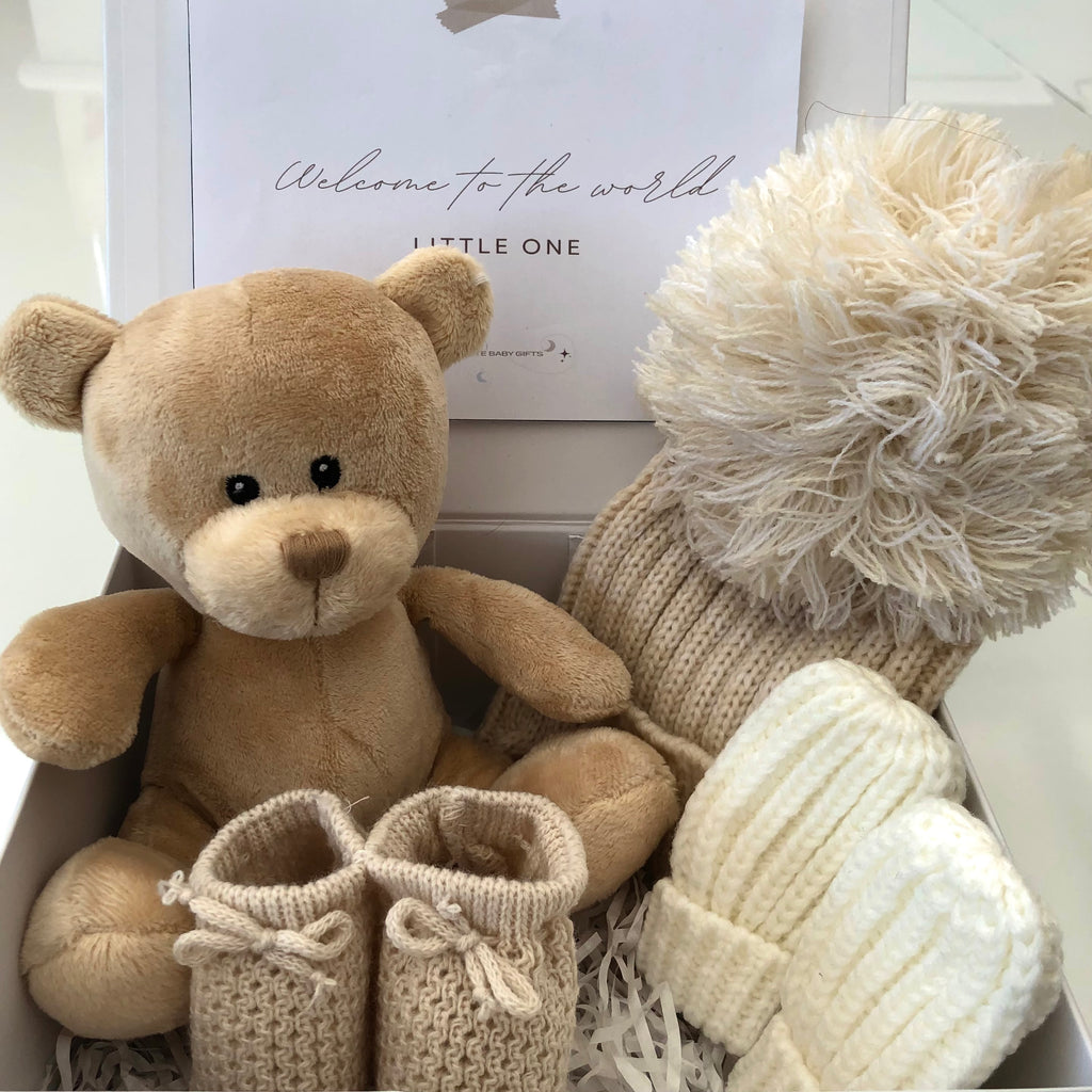 Unisex Baby Gift | BILLIE | Brown Fleece Bear and Bobble Hat Giftset