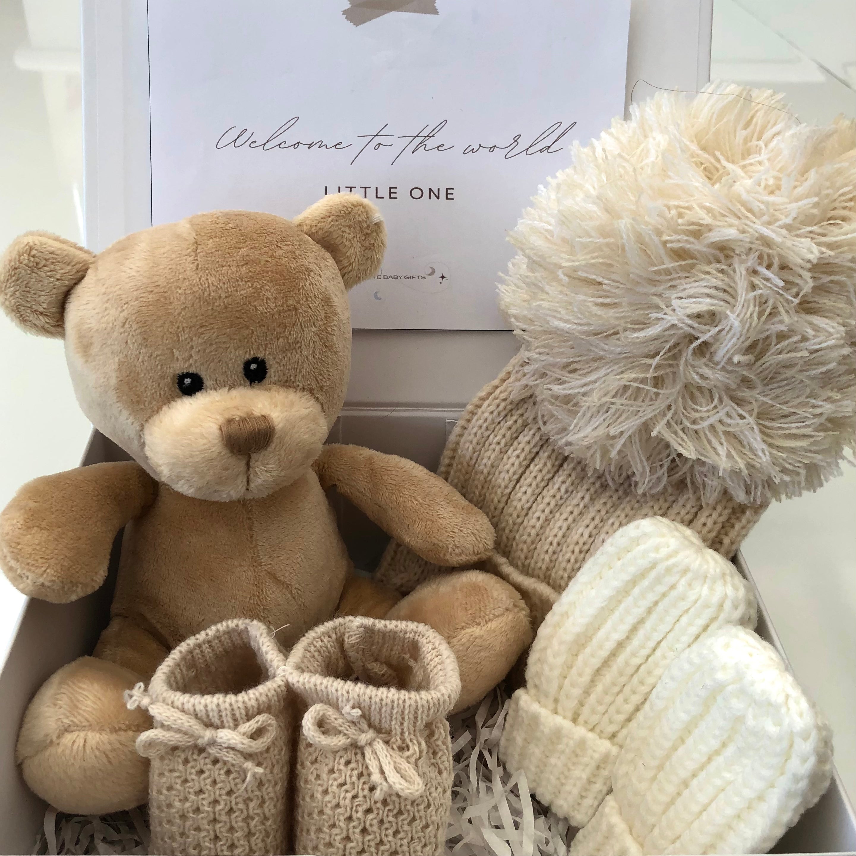 Unisex Baby Gift | BILLIE | Brown Fleece Bear and Bobble Hat Giftset