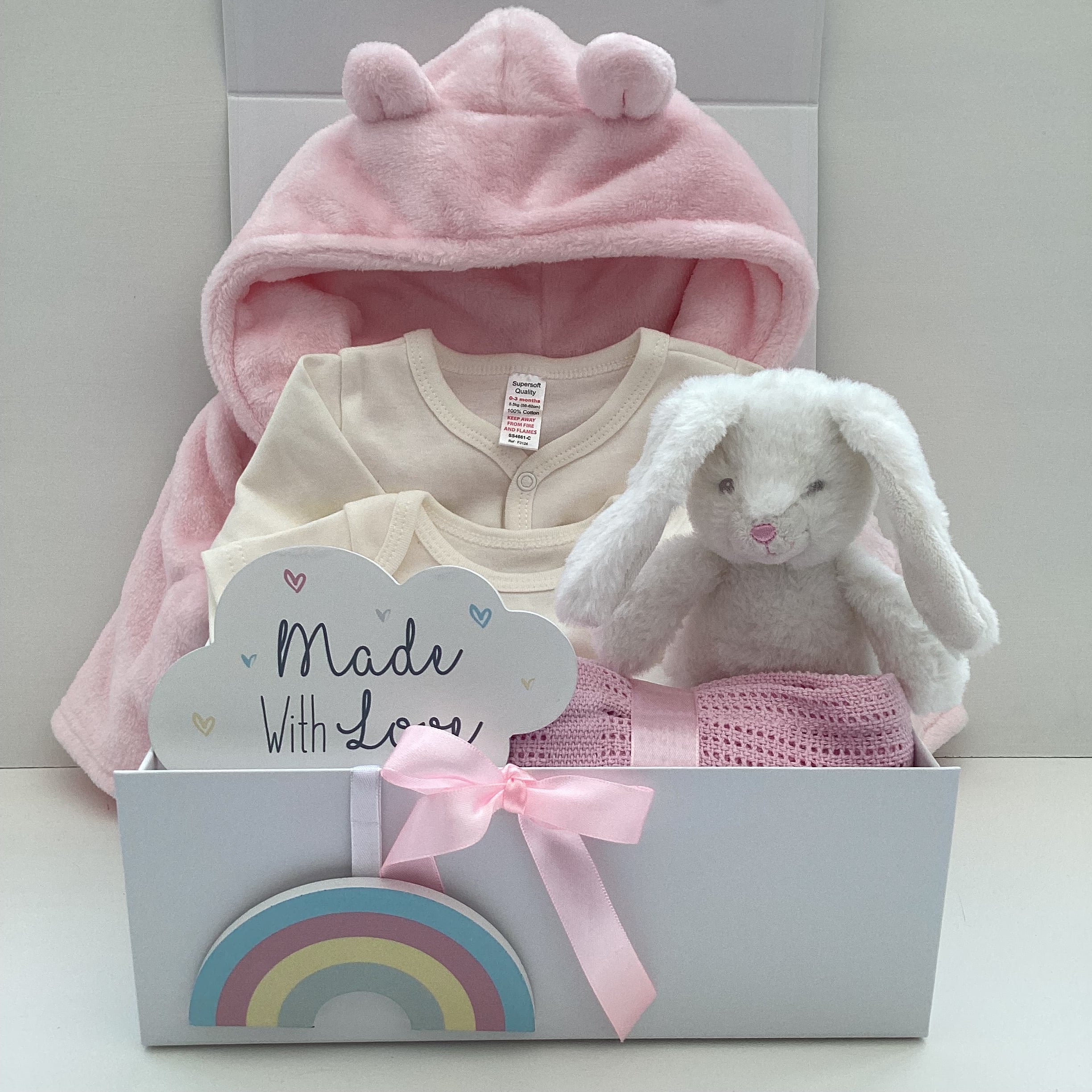 New Baby Girl Gift | PAIGE | White Bunny Rabbit Toy and Cosy Dressing Gown Giftset