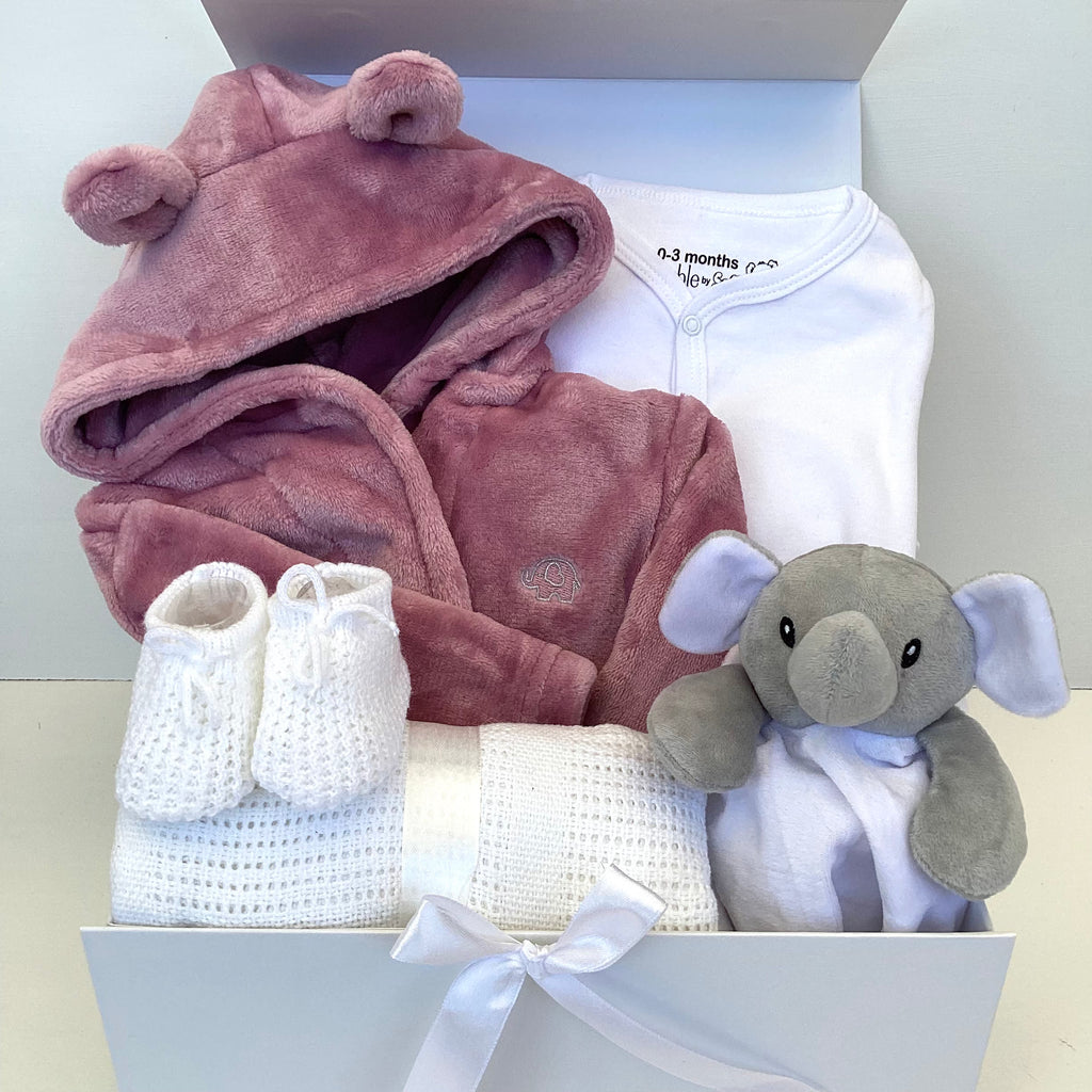New Baby Girl Gift | SASKIA | Dusky Pink Dressing Gown and Elephant Comforter Giftset
