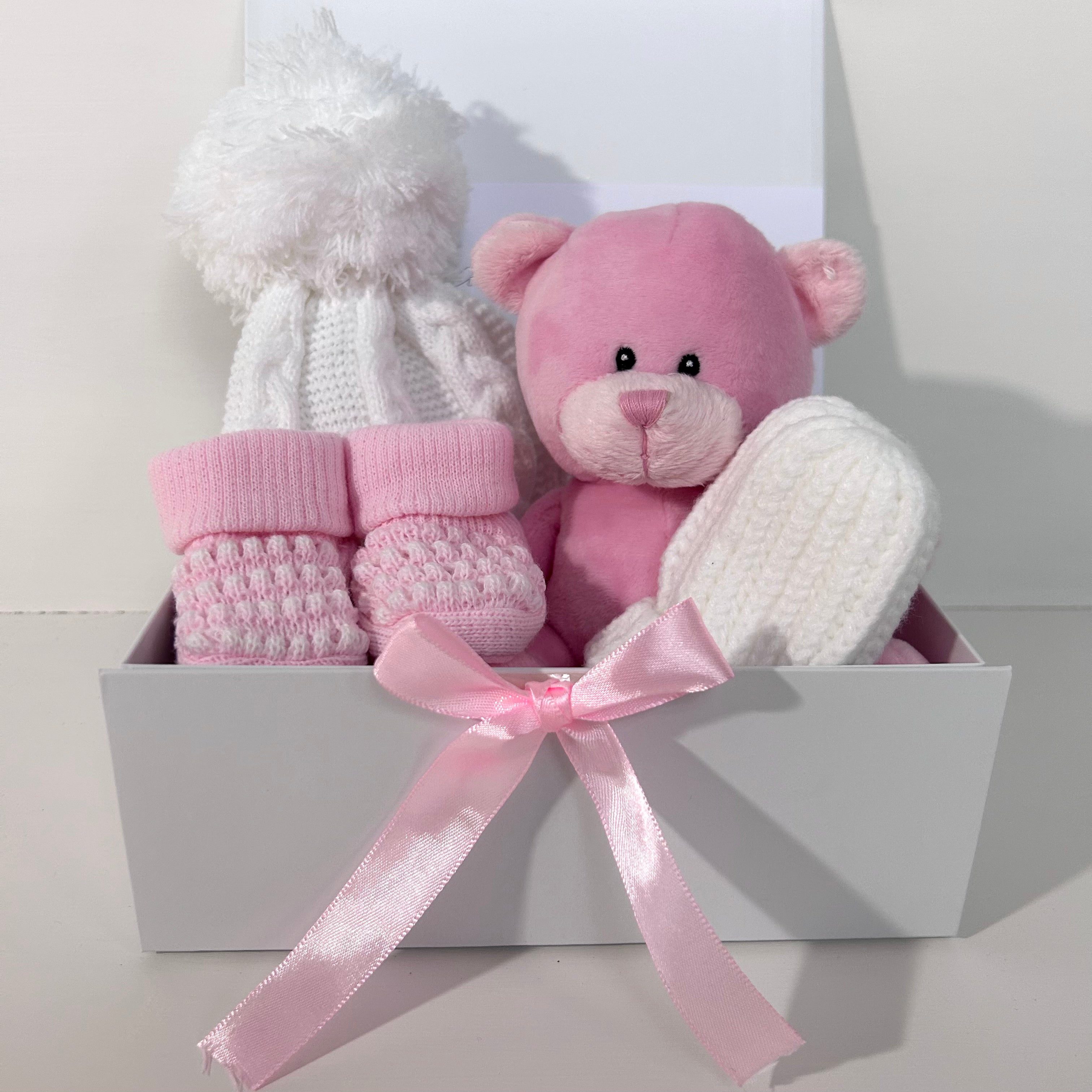 New Baby Girl Gift | ELLA | Pink Fleece Teddy and White Bobble Hat Cosy Giftset