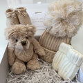 Unisex Baby Gift | BOBBIE | Brown Fluffy Bear and Bobble Hat Giftset