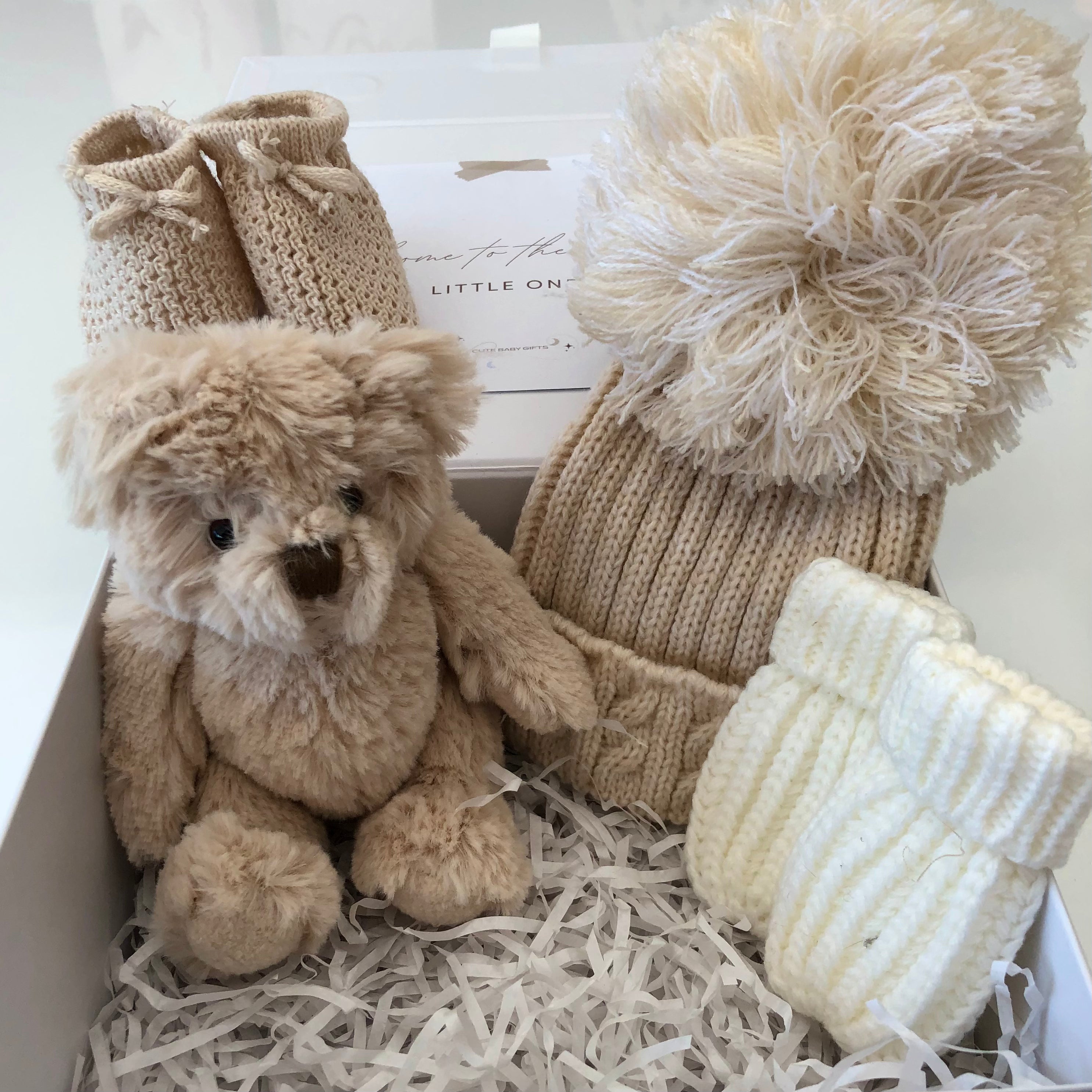 Unisex Baby Gift | BOBBIE | Brown Fluffy Bear and Bobble Hat Giftset