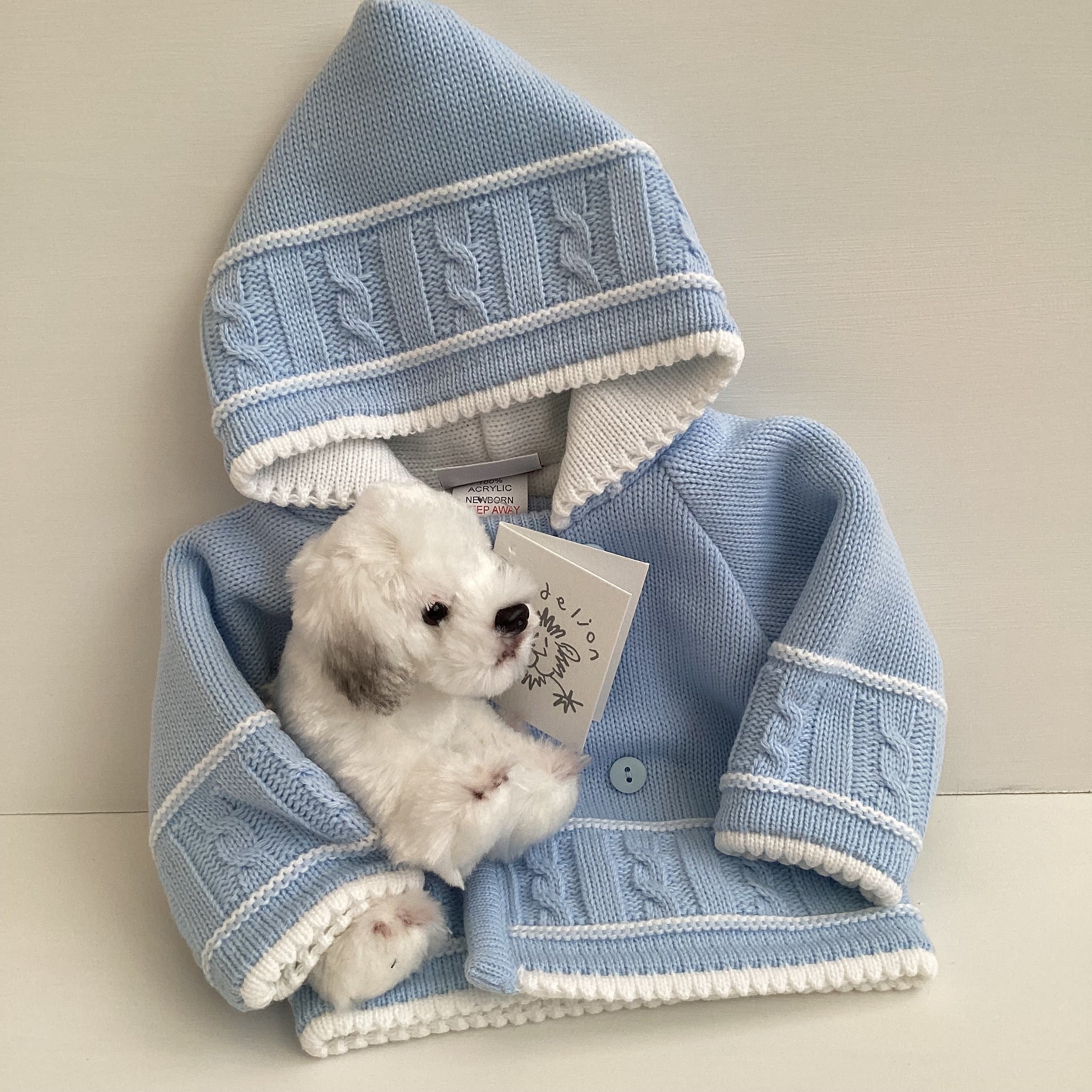 New Baby Boy Gift | SHAY | Blue Dandelion Knitted Jacket and Sheep Dog Comforter Giftset