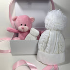 New Baby Girl Gift | ELLA | Pink Fleece Teddy and White Bobble Hat Cosy Giftset