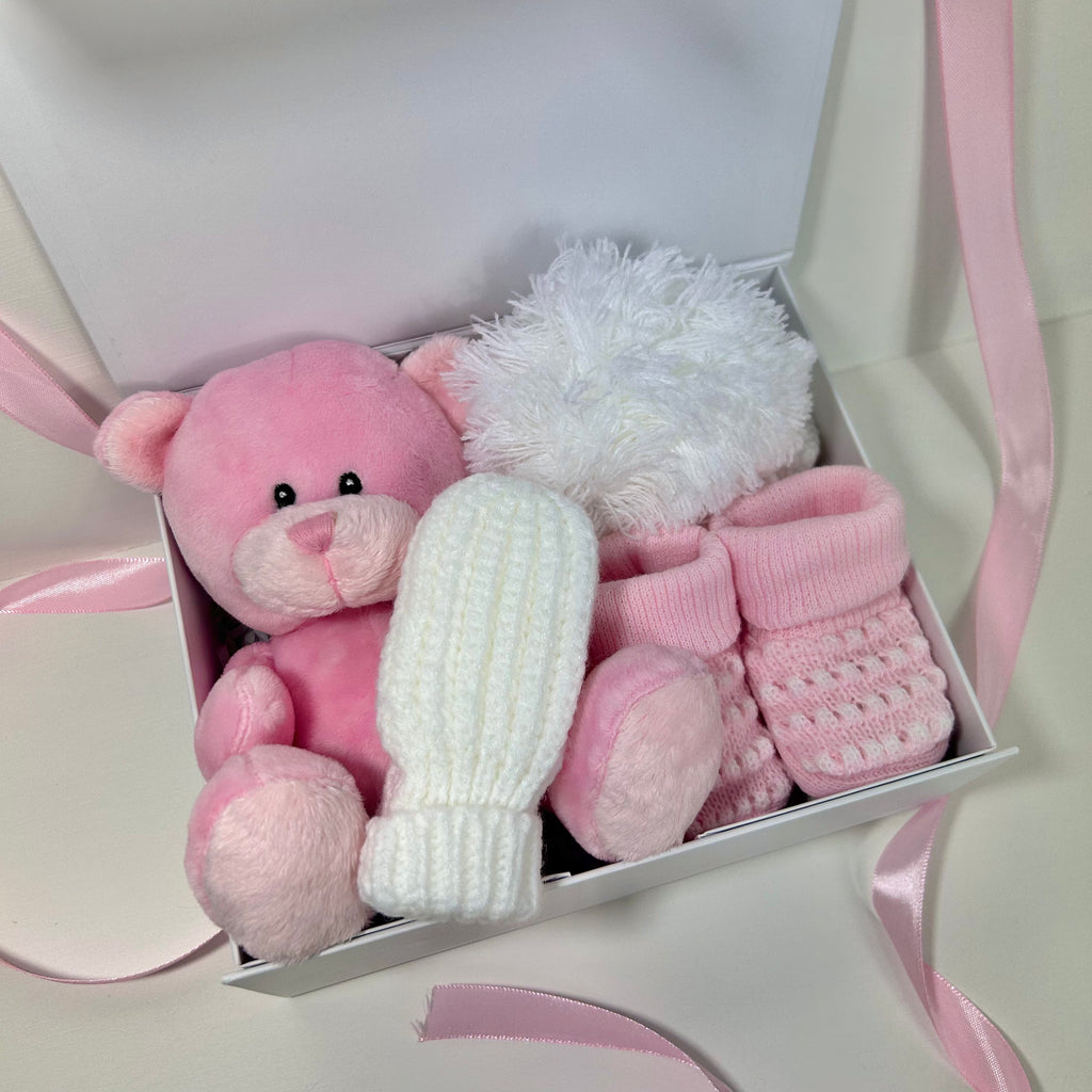 New Baby Girl Gift | ELLA | Pink Fleece Teddy and White Bobble Hat Cosy Giftset