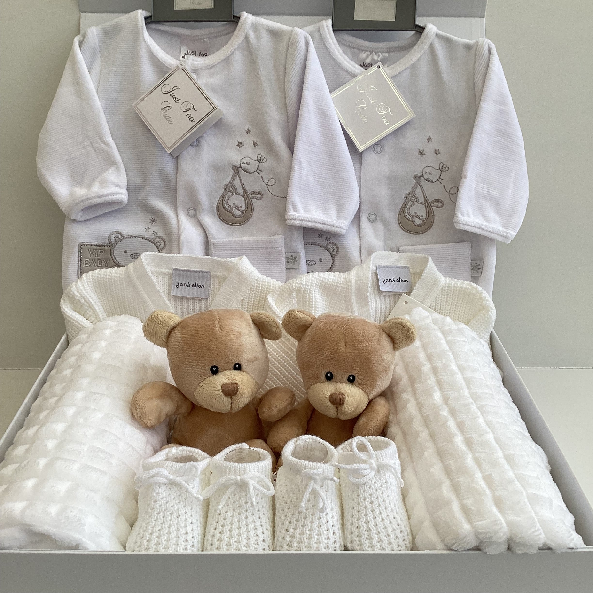 Newborn Twins Matching Outfits | Marley & Morgan Cute Bear and Cosy Onesie Giftset For Twins