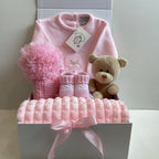 New Baby Girl Gift | CHARLOTTE | Dandelion Luxury Knitted Teddy Onesie and Cosy Essentials Giftset