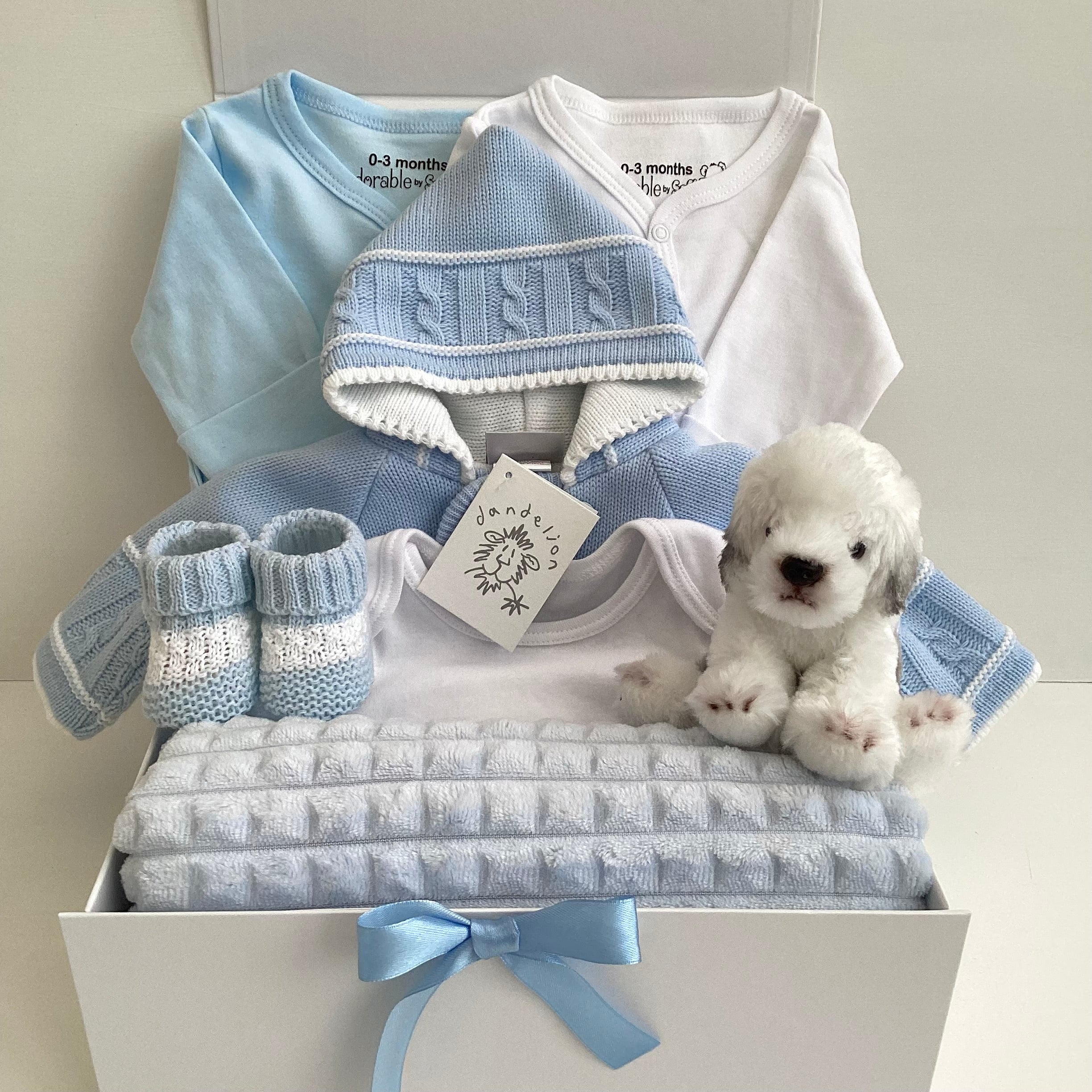 New Baby Boy Gift | SHAY | Blue Dandelion Knitted Jacket and Sheep Dog Comforter Giftset