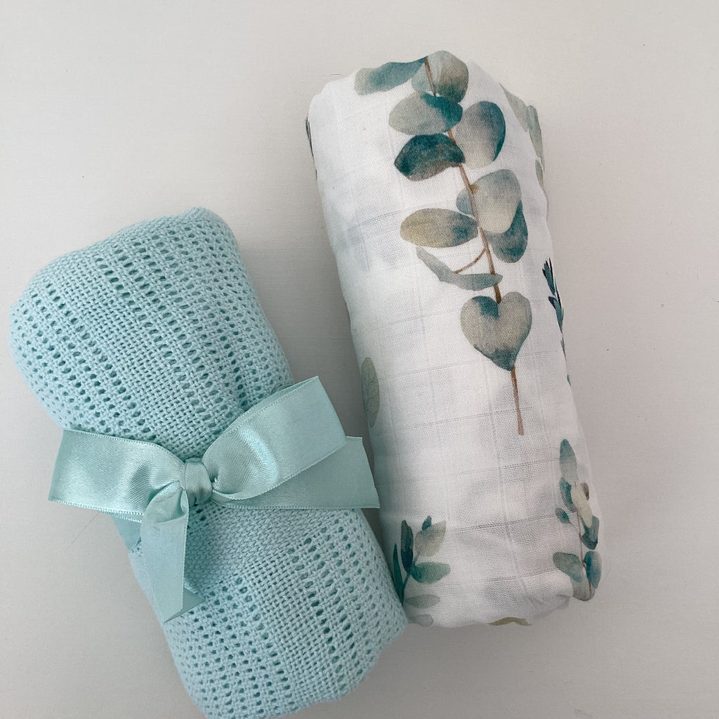 New Baby Boy Gift | MILO | Mint Cellular Blanket and Muslin Wrap Giftset
